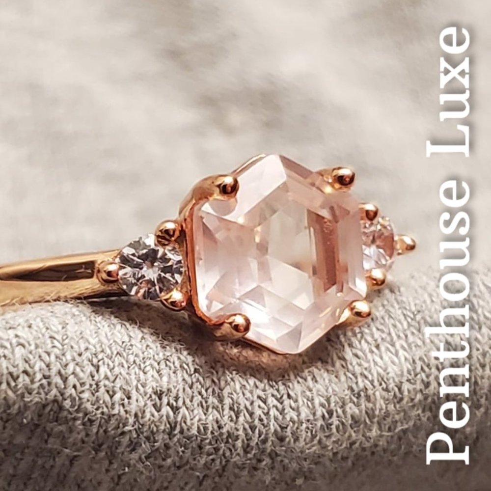 REAL Rose Quartz Hexagon Rose Gold 925 Ring - Picture 2 of 7